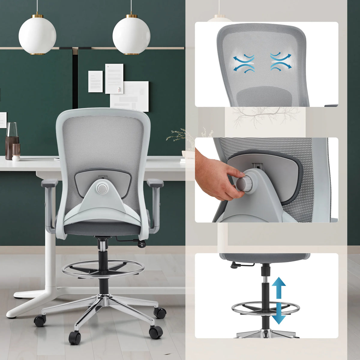 Grey Counter chair Top Work 44 W with mesh back, footring and height adjustment by hjh OFFICE