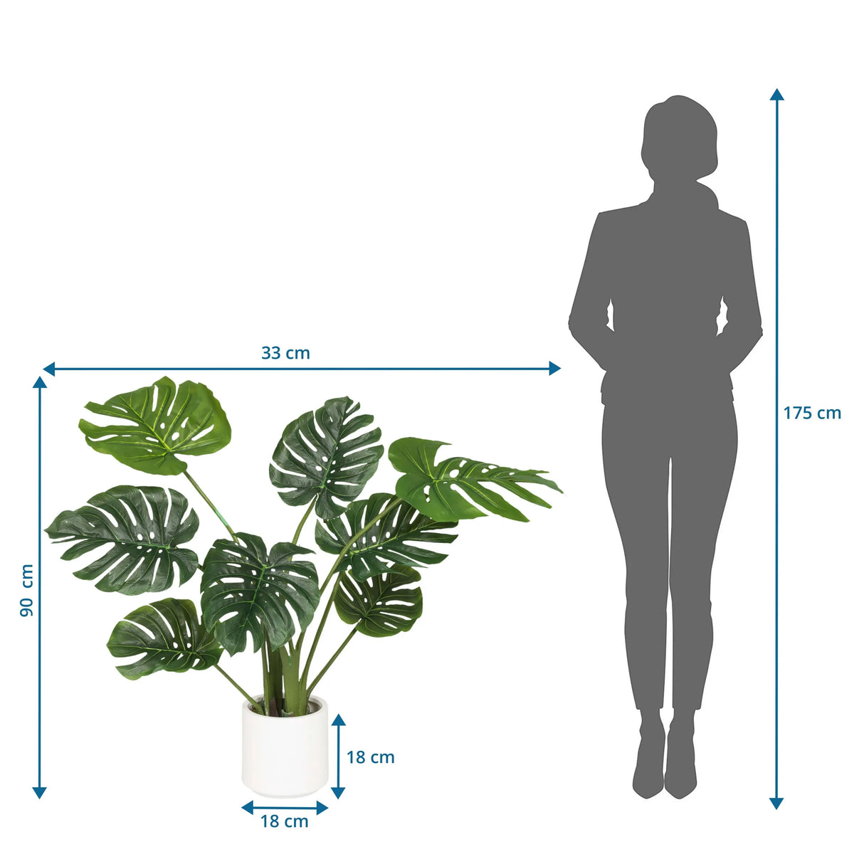 Dimensional drawing of the Artificial plant MONSTERA I with a height of 90 cm and width of 33 cm by hjh OFFICE