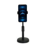 Black Mobile phone & tablet holder FLEXMOBI II with round base and telescopic pole by hjh OFFICE – 360-degree view (front view 0°)