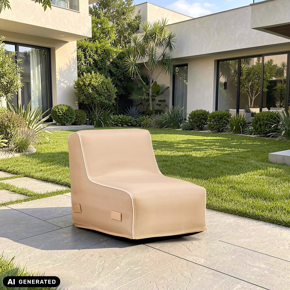 Beige Sitzolo Air inflatable sofa on a terrace in front of a green area by hjh LIVING (AI-generated image)