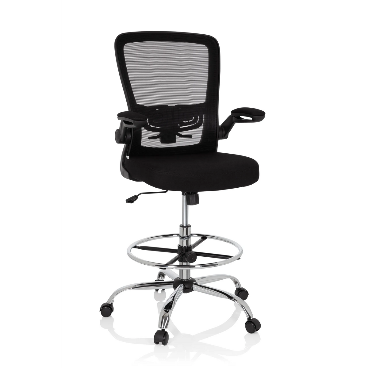 Black Counter chair VENDO WORK with mesh back, foot ring and five-caster base by hjh OFFICE – 360-degree view (front view 19°)