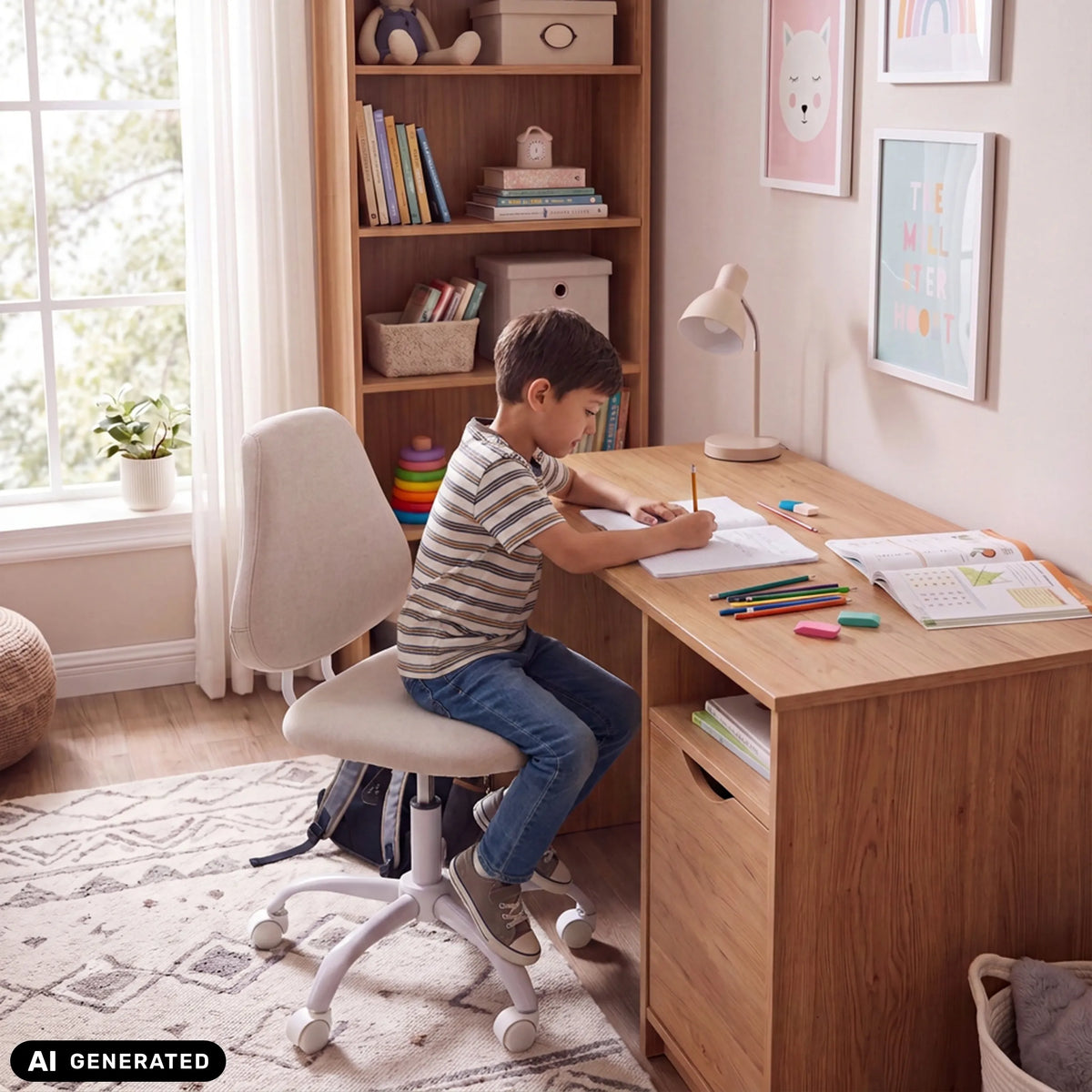 Beige Lumikid swivel chair for children at a desk by hjh OFFICE (AI-generated image)