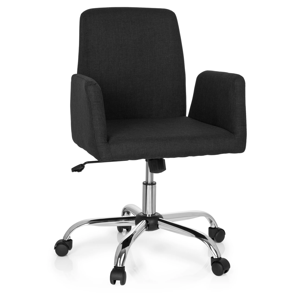 Black Home Office Chair FLOW with armrests and glossy five-caster base by hjh OFFICE – 360-degree view (front view 20°)