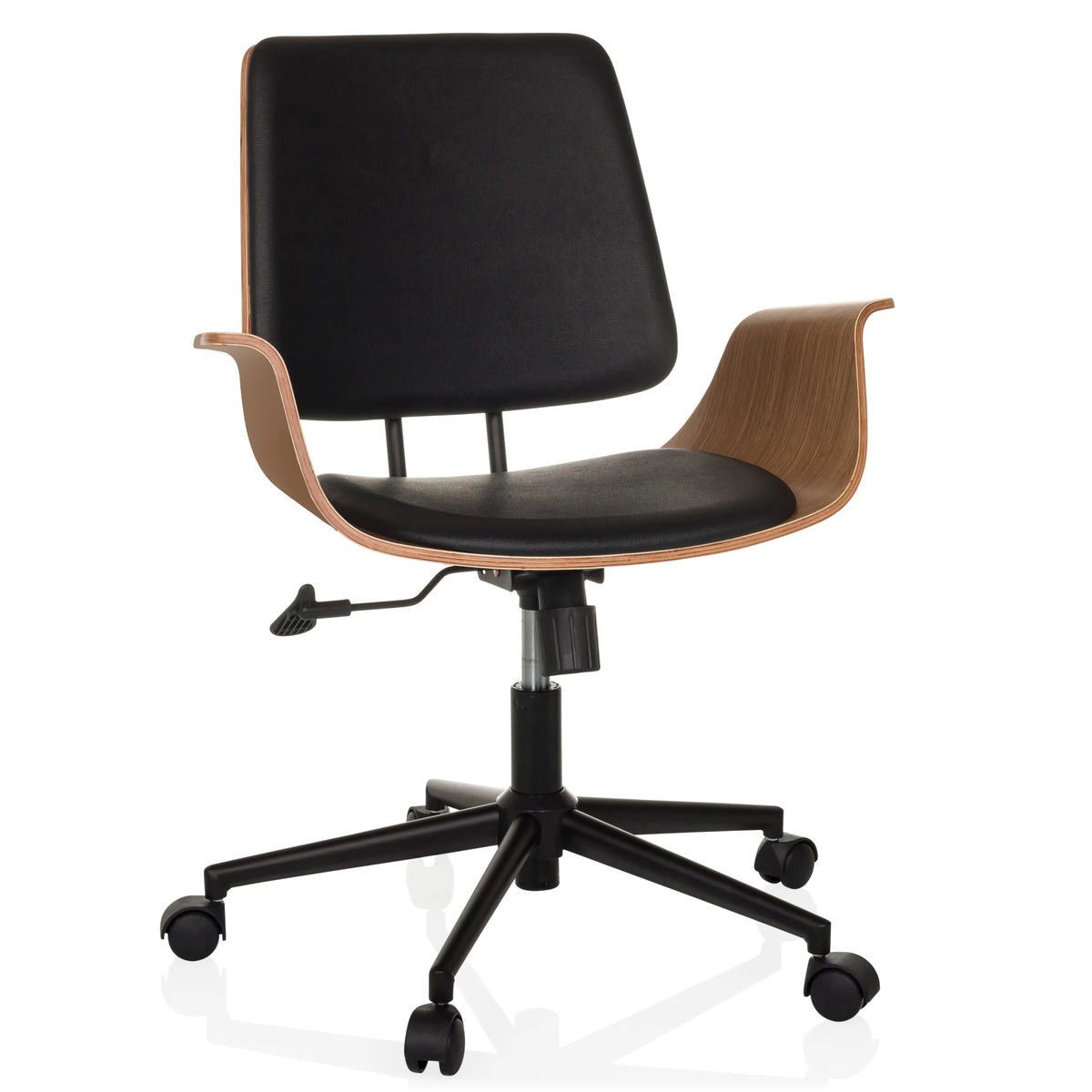 Black Home Office Chair CENCA II with wooden shell and five-caster base by hjh LIVING – 360-degree view (front view 15°)