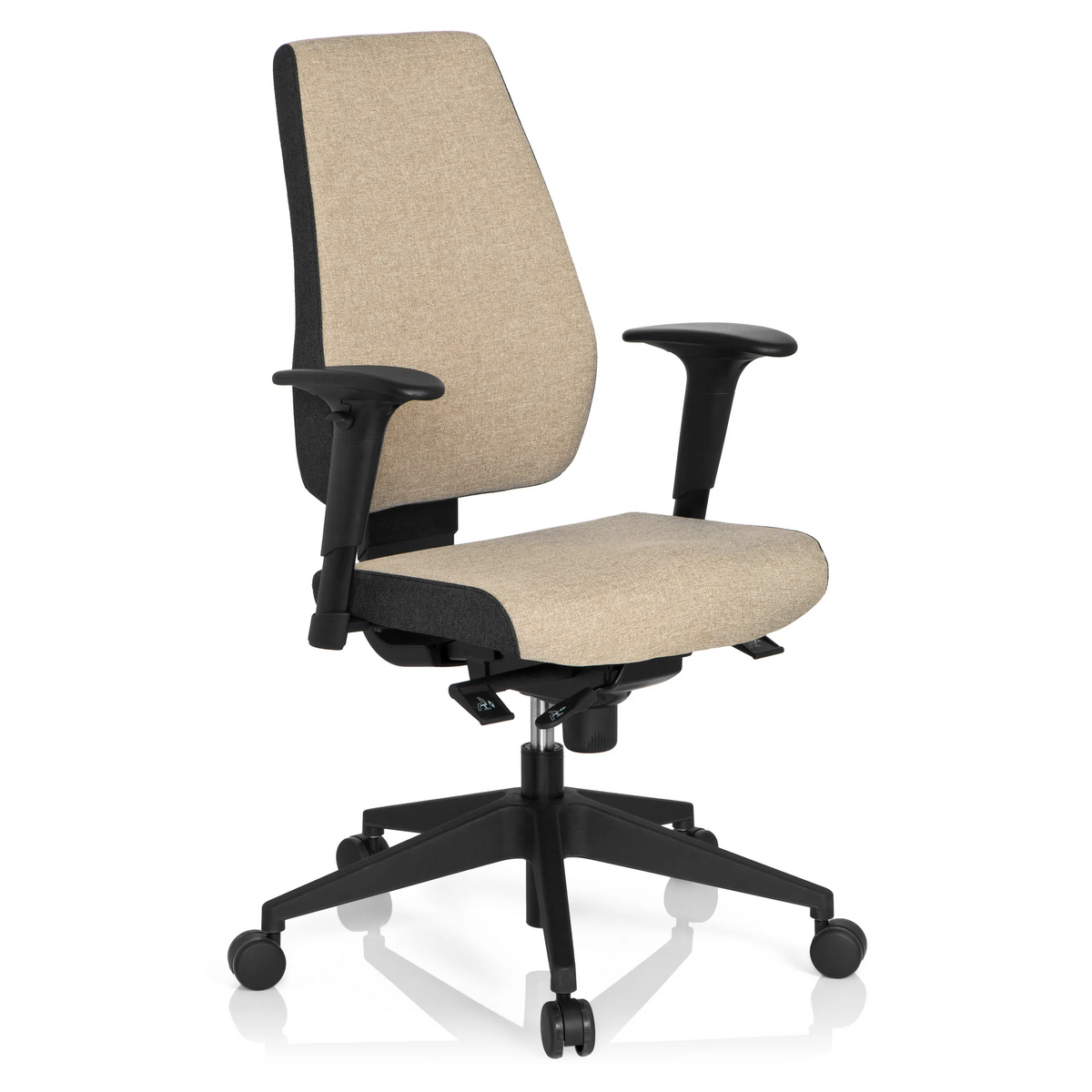 Beige Professional Office Chair PRO-TEC 500 with armrests and a black five-caster base by hjh OFFICE – 360-degree view (front three-quarter view 40°)