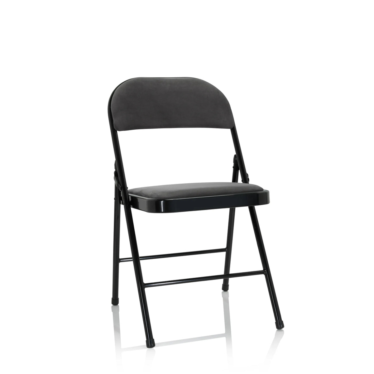 Dark grey Folding chair TUDELA I with velvet fabric cover and black frame by hjh OFFICE – 360-degree view (front view 20°)