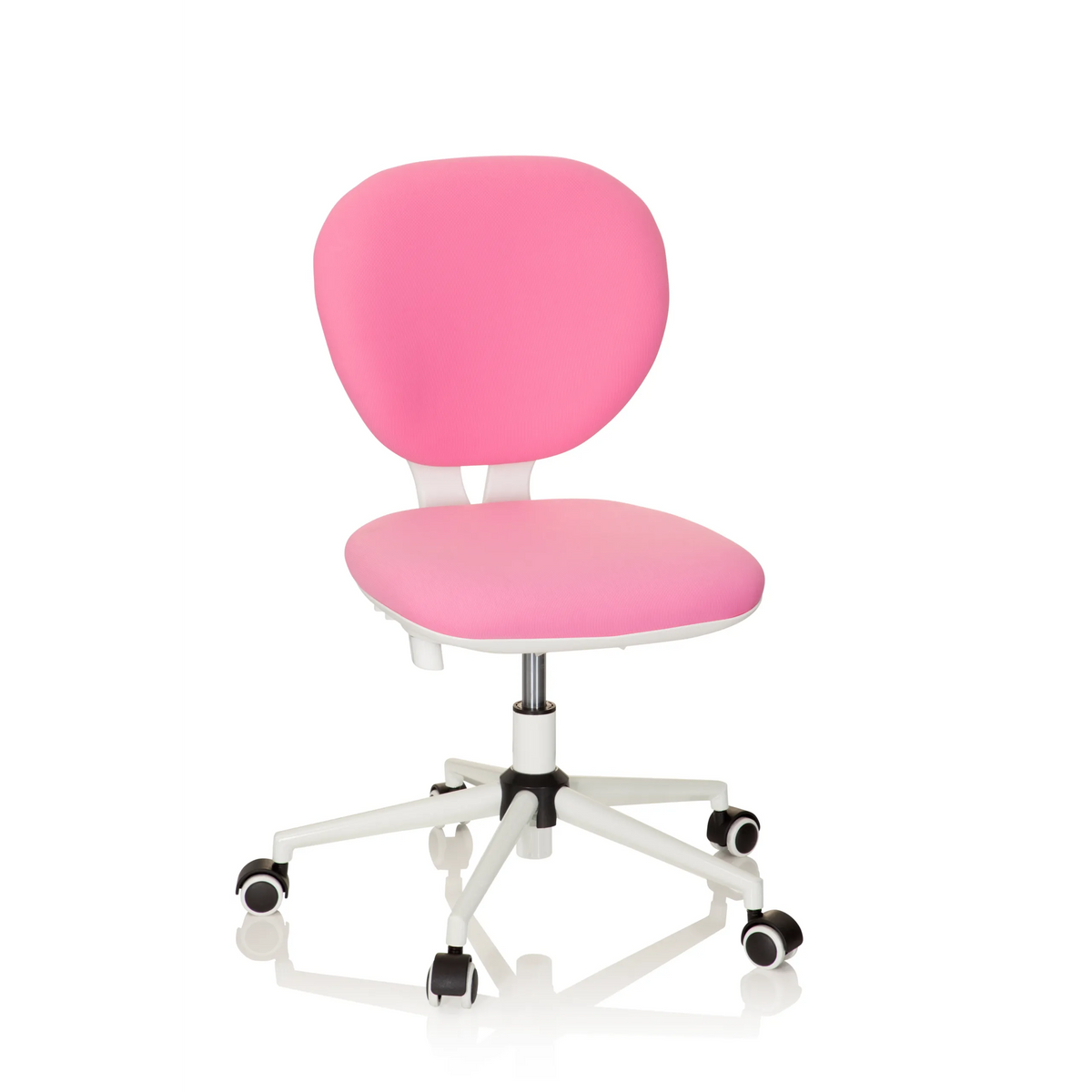 Pink Swivel Chair – Children KID VIVO with white base and five castors by hjh OFFICE – 360-degree view (front view 20°)