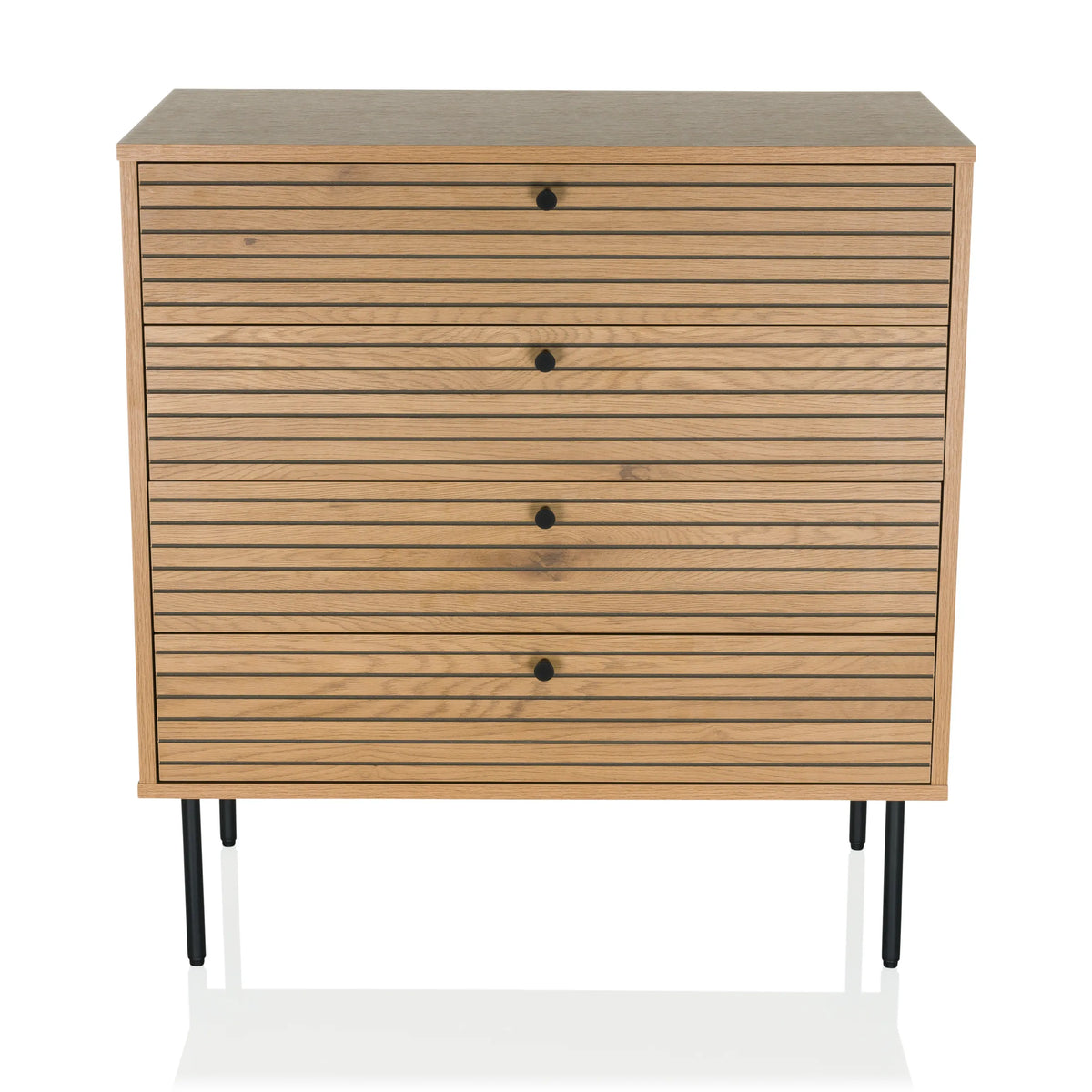 Oak-coloured chest of drawers LINNO K with ribbed fronts and four black legs by hjh LIVING – 360-degree view (front view 0°)