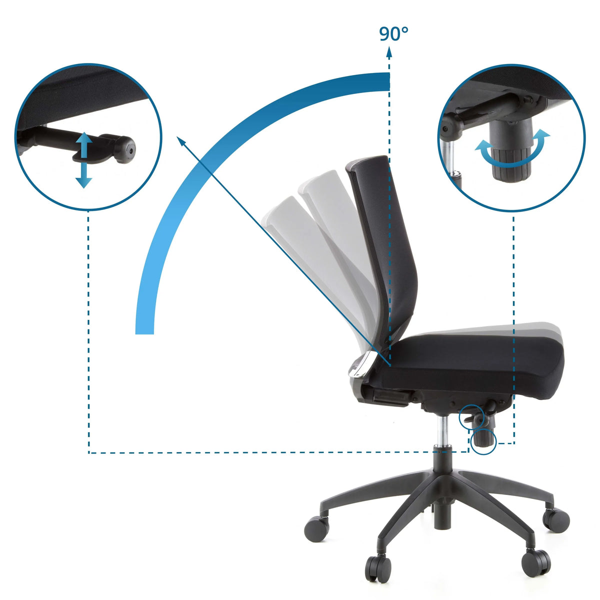 Adjustable backrest up to 90 degrees and height-adjustable seat of the Professional Office Chair PORTO ECO by hjh OFFICE