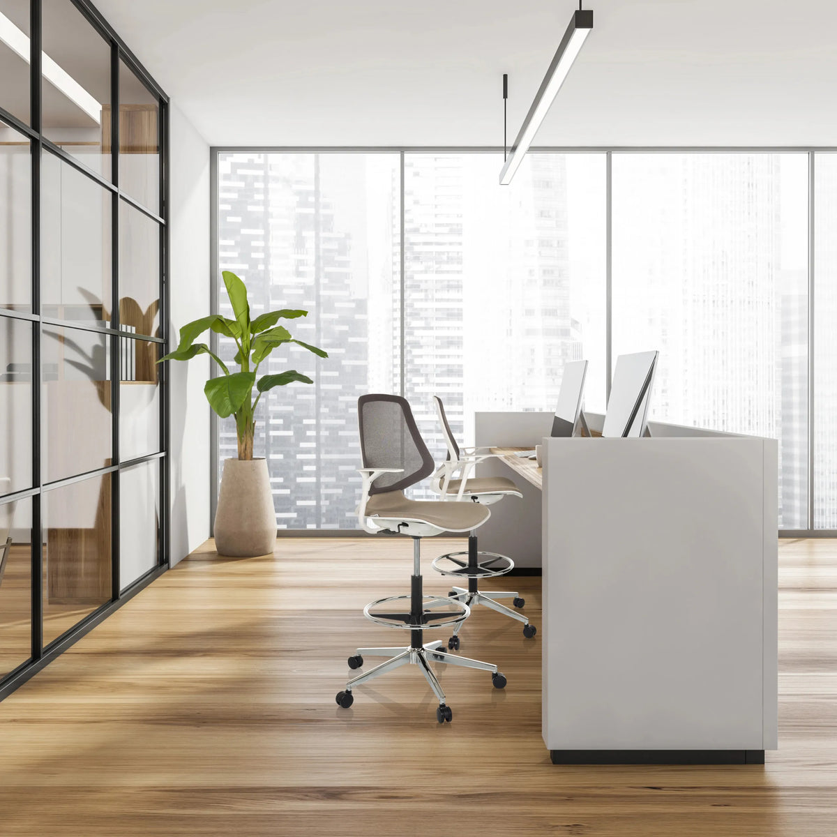 Beige TOP WORK STYLE counter chairs with mesh backrest and foot ring on castors by hjh OFFICE