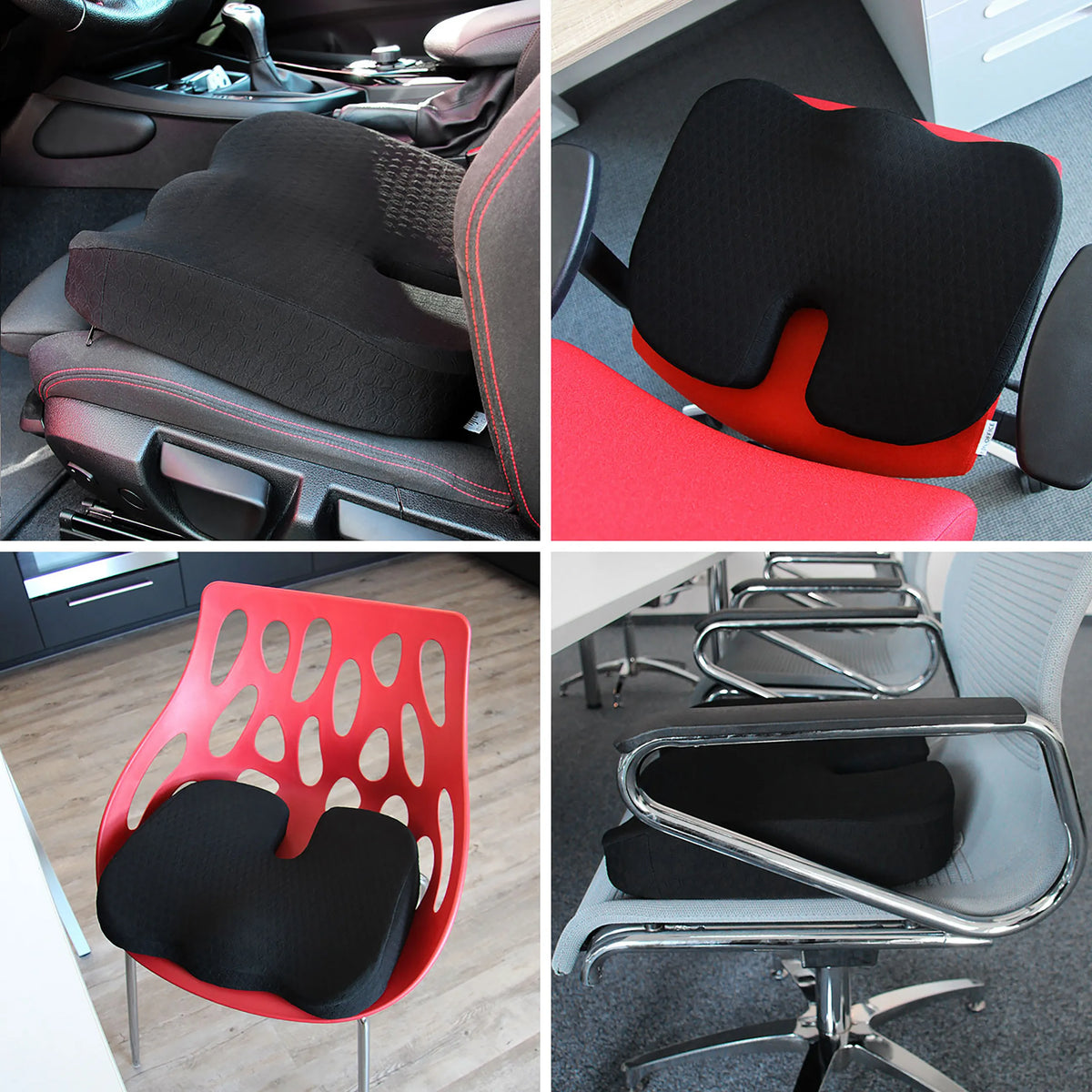 Black Seat Cushion MEDISIT II in various settings such as car and office by hjh OFFICE