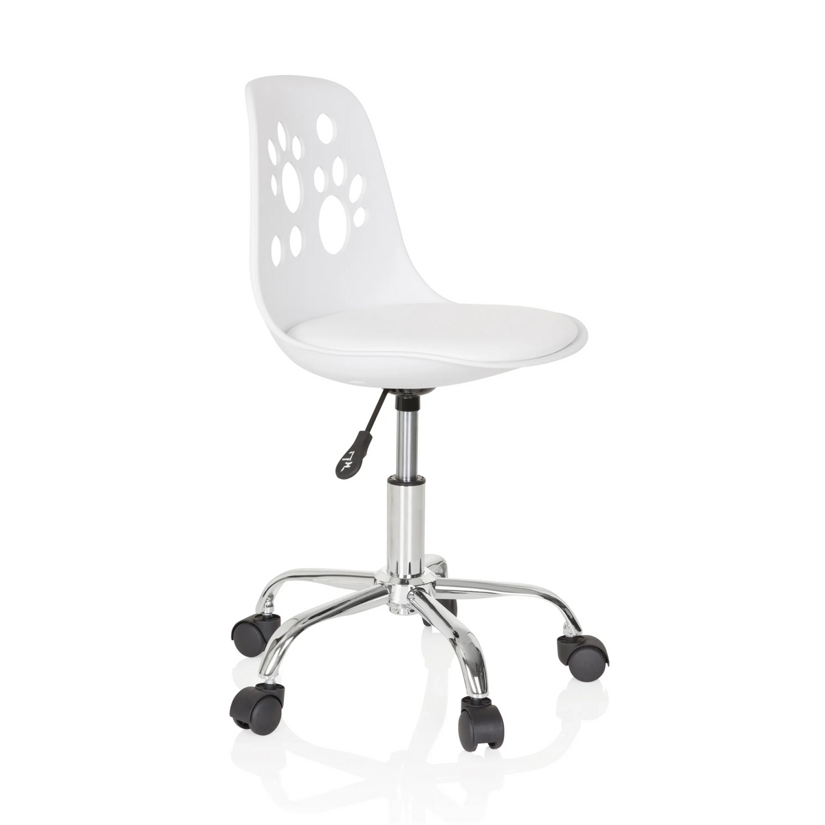 White Swivel Chair – Children FANCY I with paw print design and five-caster base by hjh OFFICE – 360-degree view (front three-quarter view 60°)