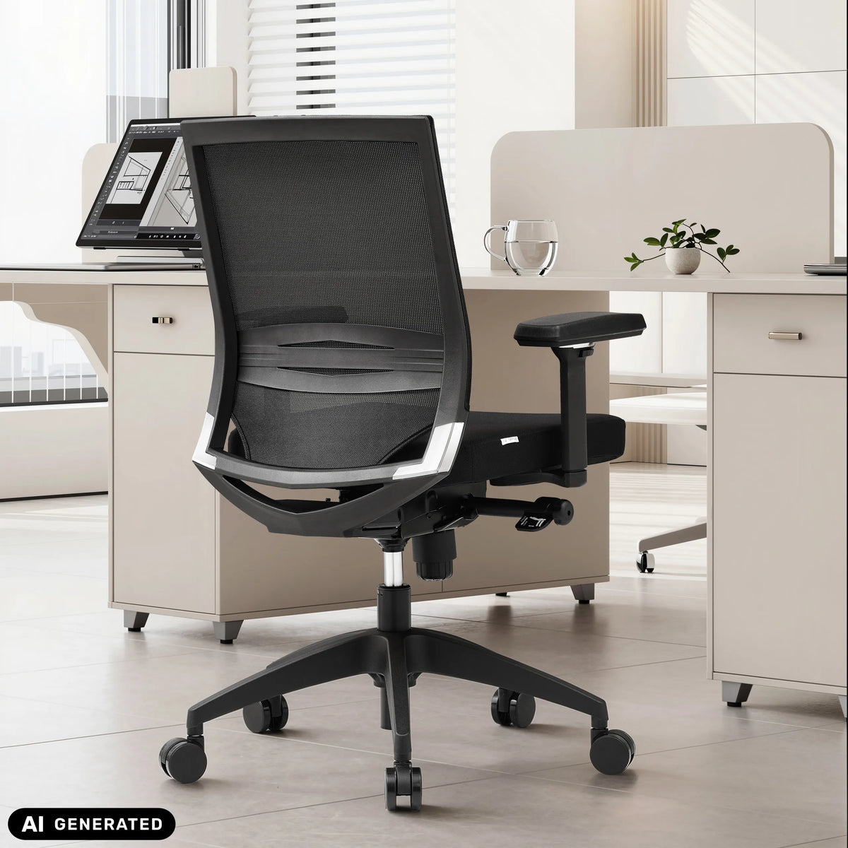 Black professional office chair PORTO BASE with mesh backrest and armrests by hjh OFFICE (AI-generated image)