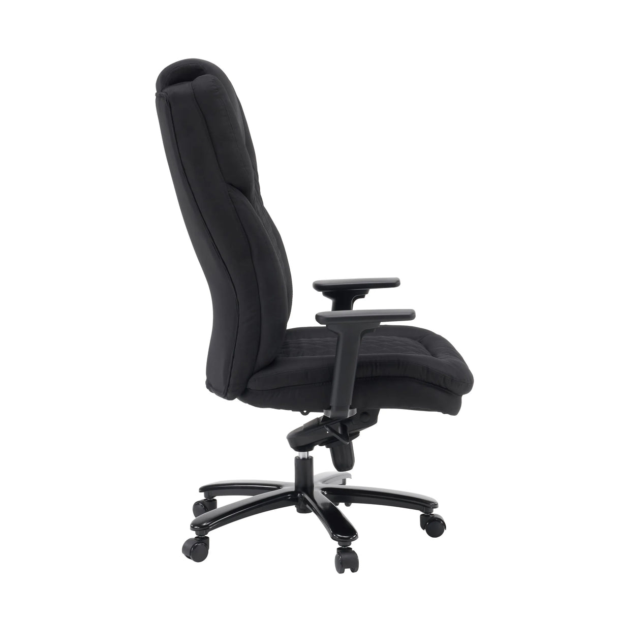 Side view of XXL Pullmann Gen2 swivel chair with black fabric upholstery and armrests by hjh OFFICE