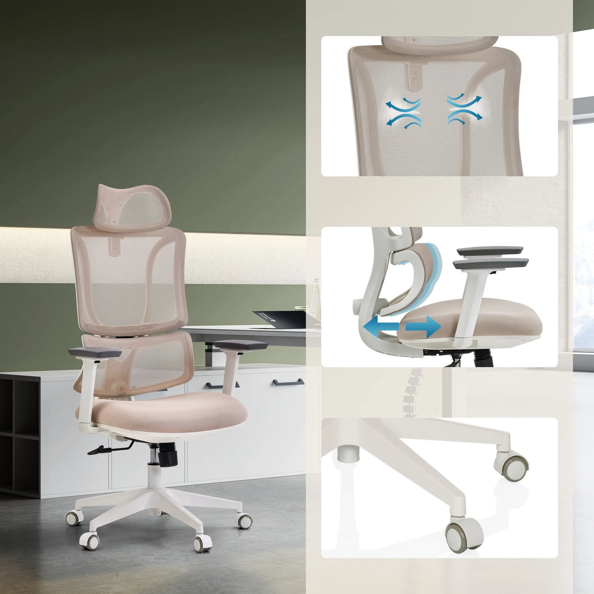 Beige Professional Office Chair ERGOMY W with mesh back, adjustable seat depth and white base by MyBuero