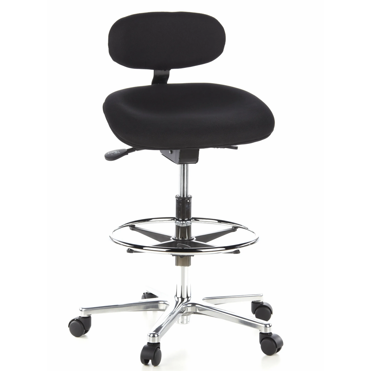 Black Counter chair WORK MF with footring and five-caster base by hjh OFFICE – 360-degree view (front view 20°)