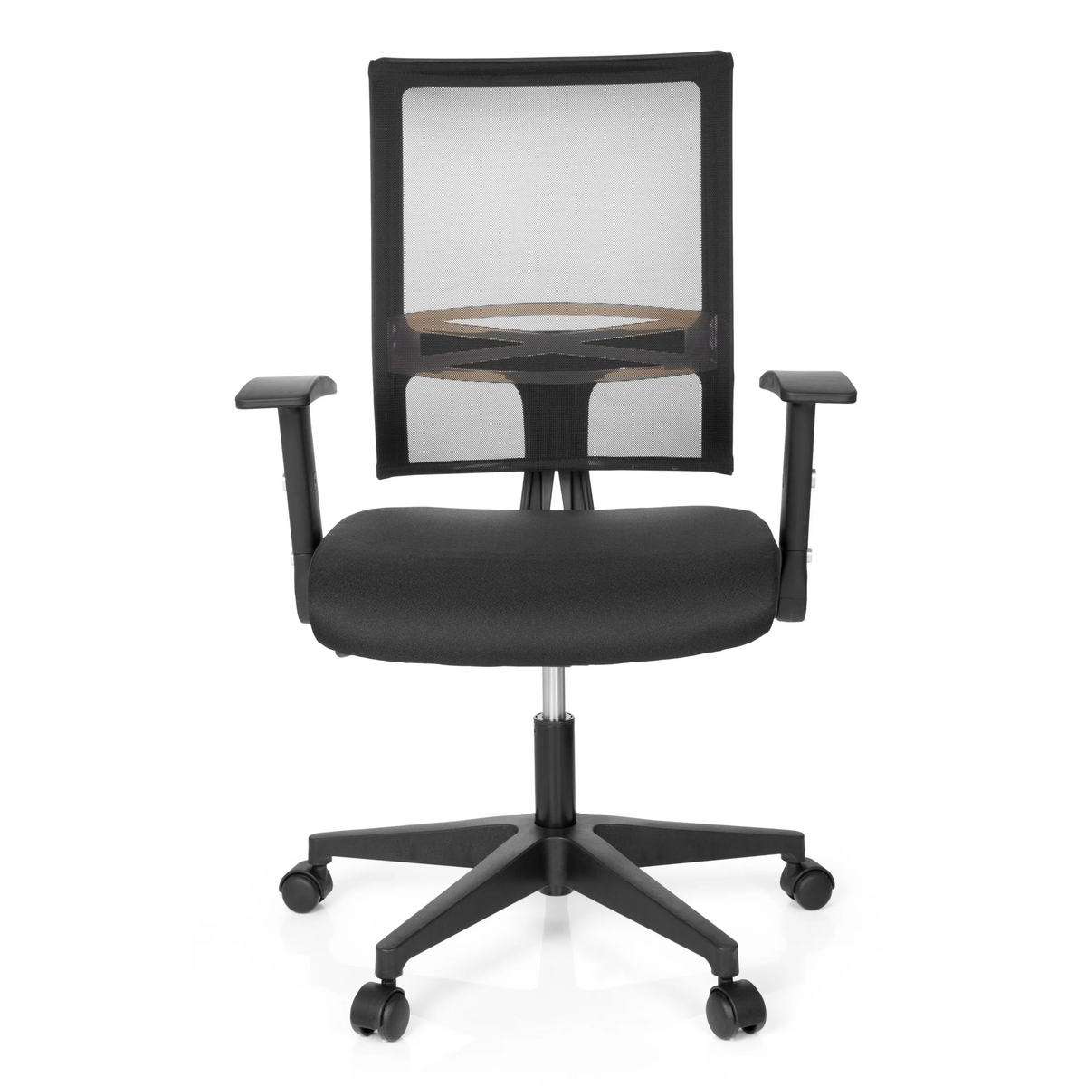 Black Home Office Chair OFFICE R8 with mesh back and five-caster base by hjh OFFICE – 360-degree view (front view 0°)