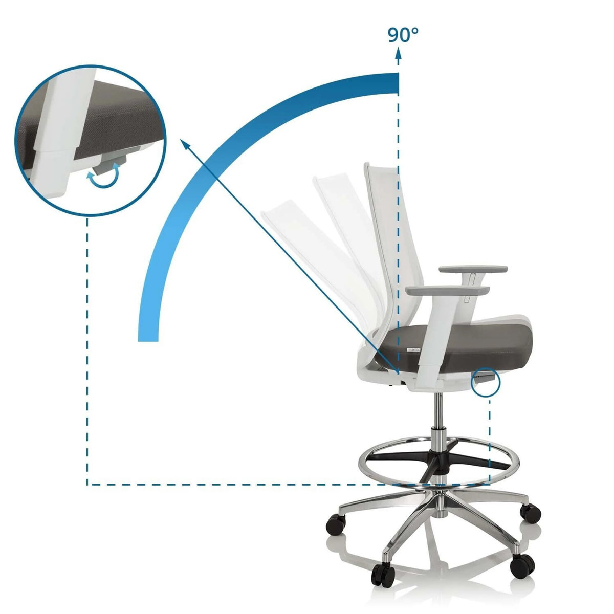 Reclining backrest with a 90-degree angle of the Counter chair ASPEN WORK W by hjh OFFICE