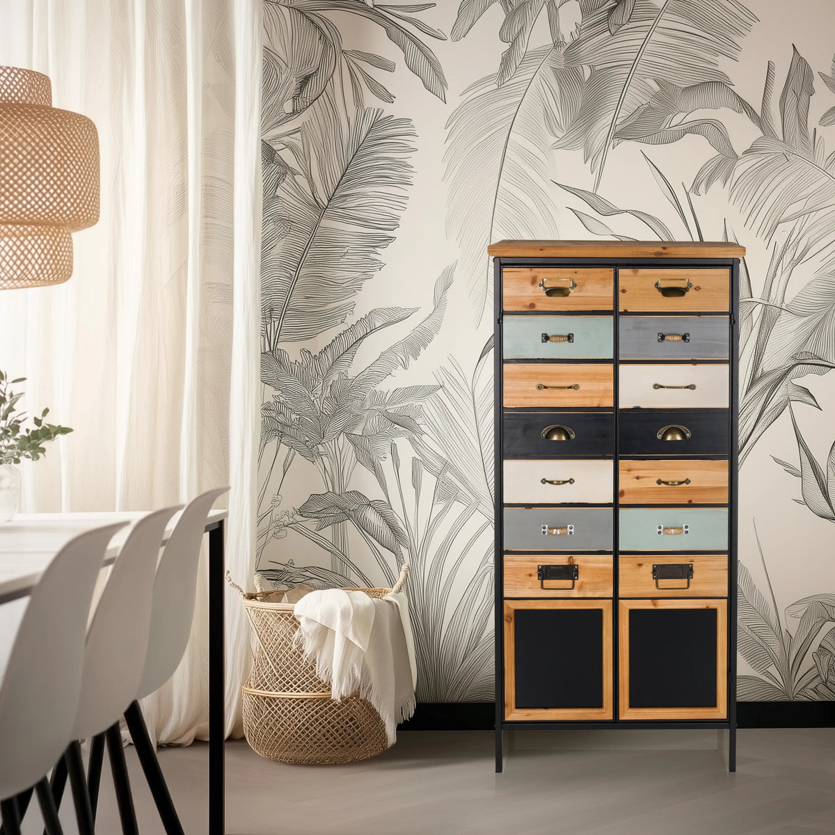 Chest of drawers CONTINENTO HIGH in various wood colours and dark tones with a metal frame by hjh LIVING