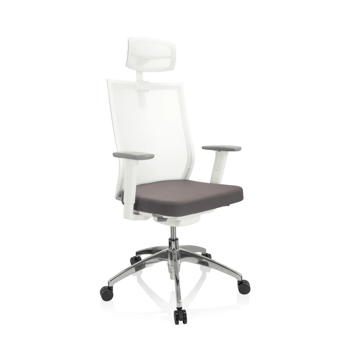Grau-weißer Profi-Bürostuhl ASPEN WHITE PRO mit Netzrücken, Kopfstütze und Fußkreuz mit fünf Rollen von hjh OFFICE – 360-Grad-Ansicht (schräge Frontansicht 40°)