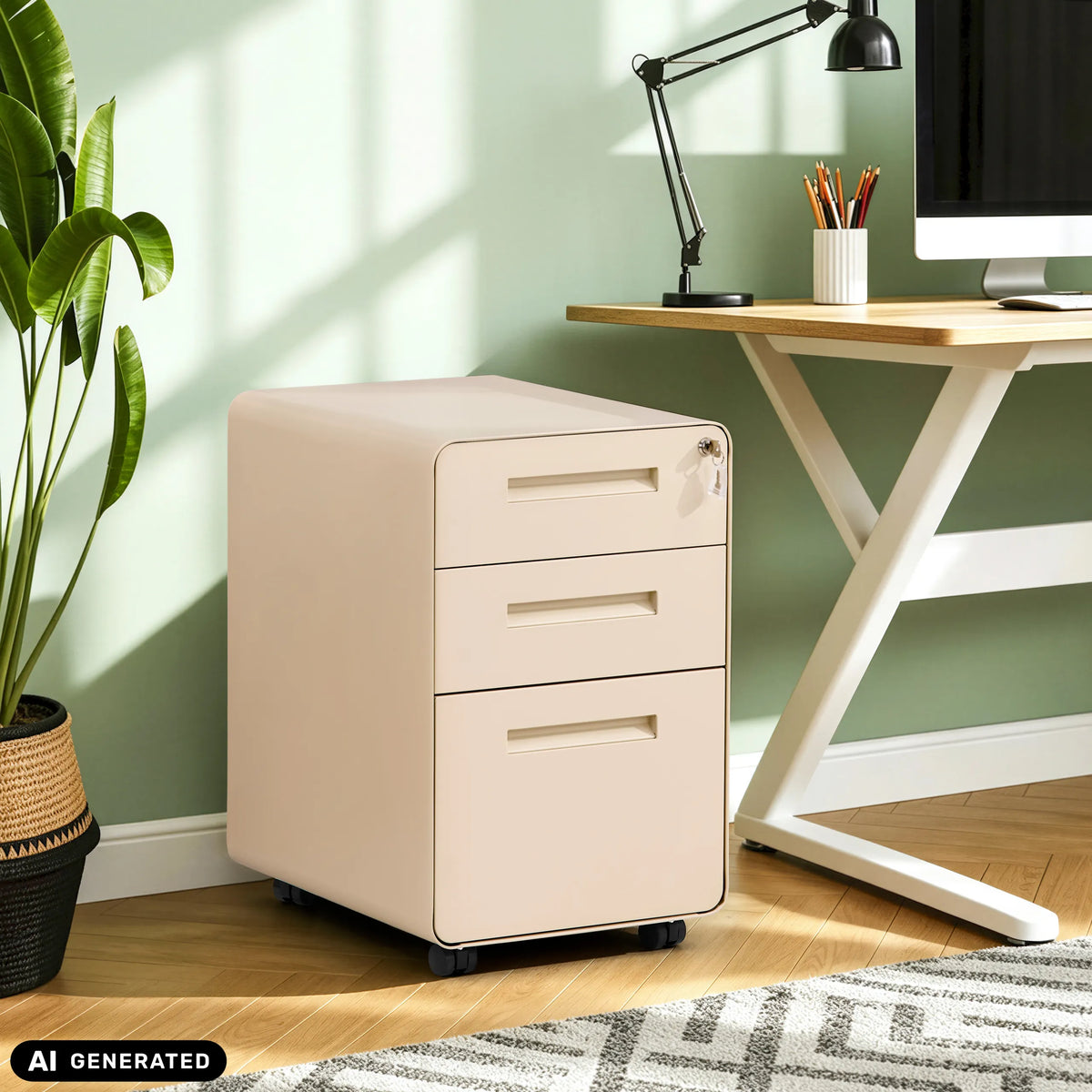Beige COLOR PLUS I mobile drawer unit made of metal with three drawers and castors by hjh OFFICE (AI-generated image)