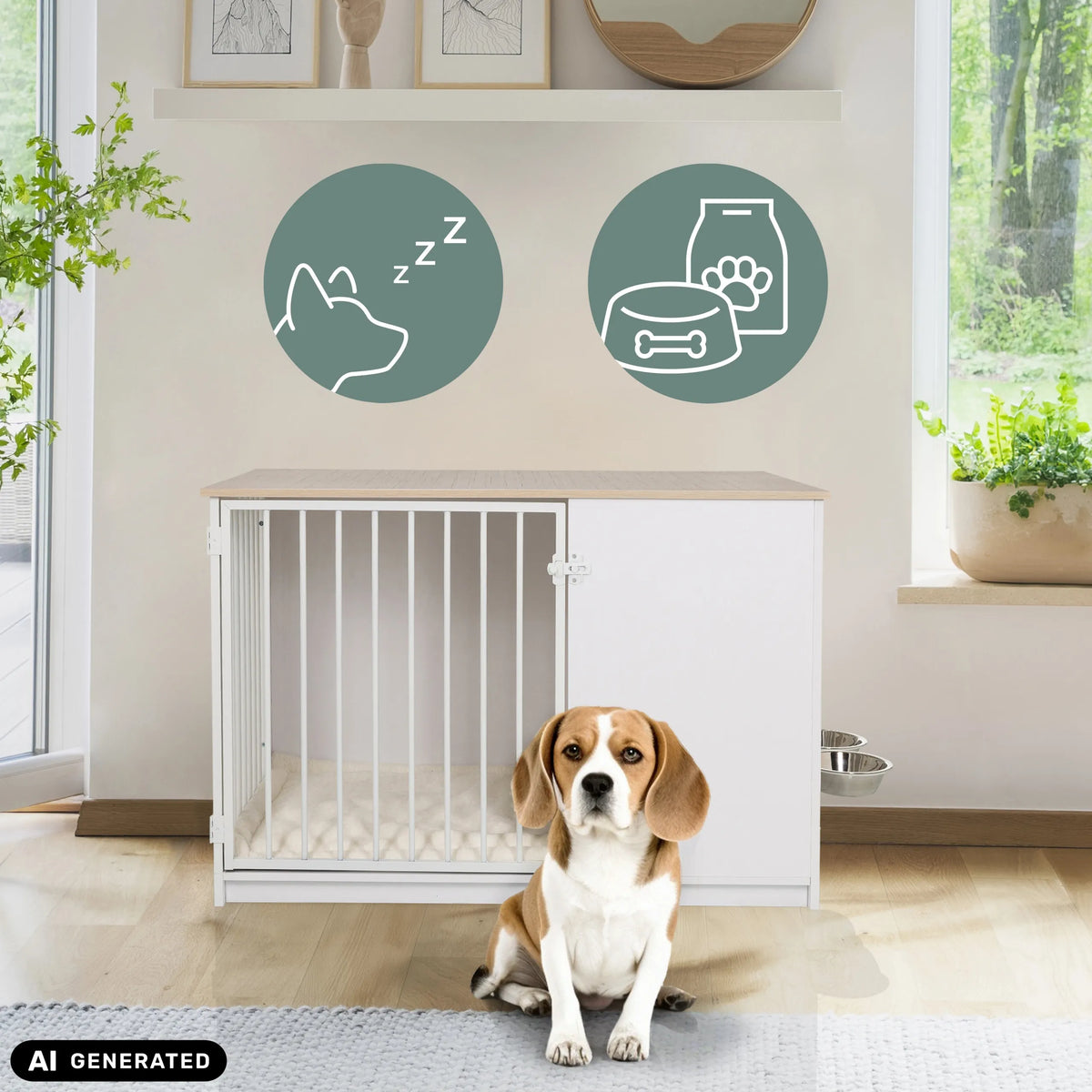 White PAWHOME XL dog crate in oak look with integrated dog bed and a beagle by hjh LIVING (AI-generated image)