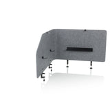 Grey Table partition FLEXMIUT T TOP with integrated shelf and mounting clamps by hjh OFFICE – 360-degree view (front three-quarter view 30°)