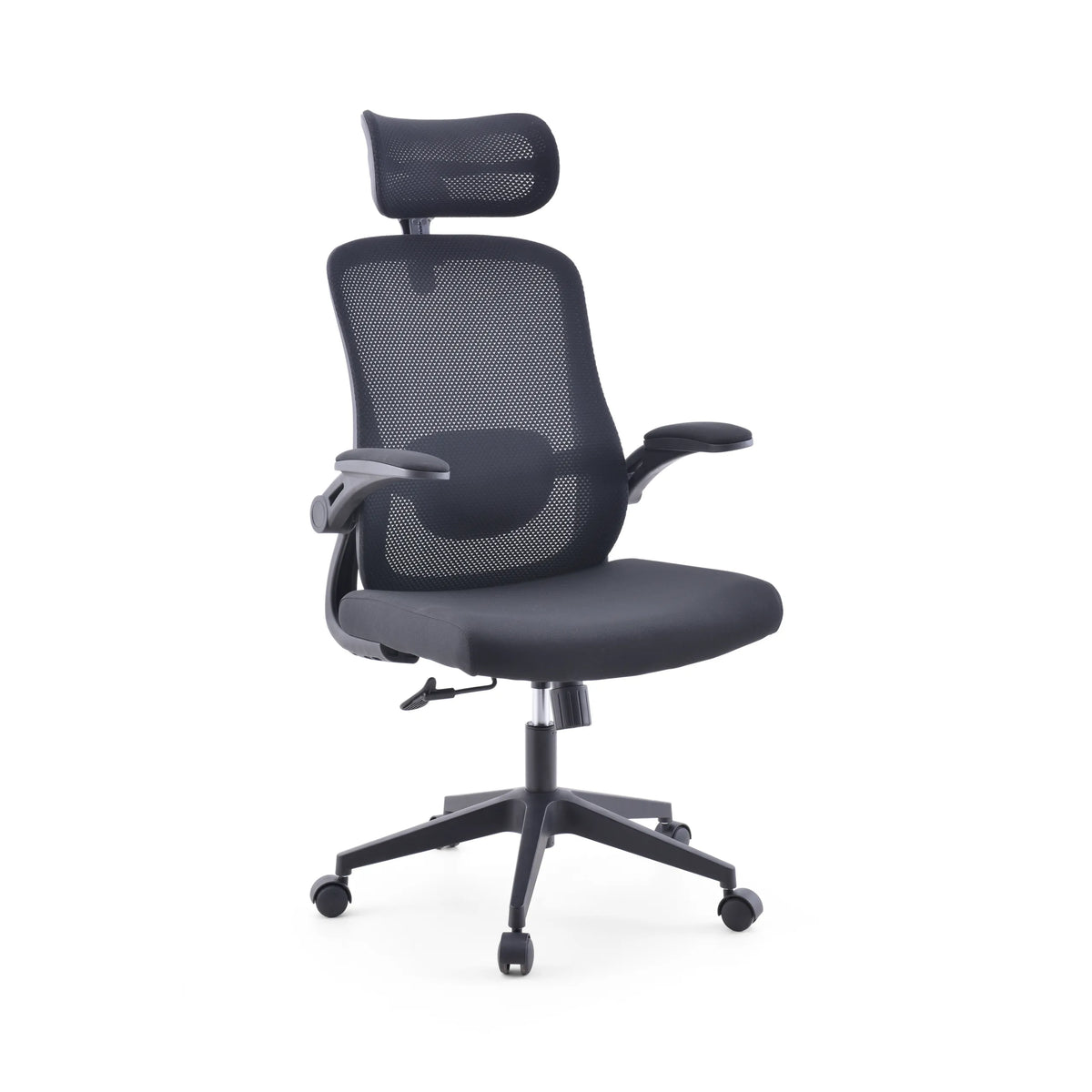 Black Home Office Chair Vertuflex with mesh back and five-caster base by MyBuero – 360-degree view (front three-quarter view 30°)