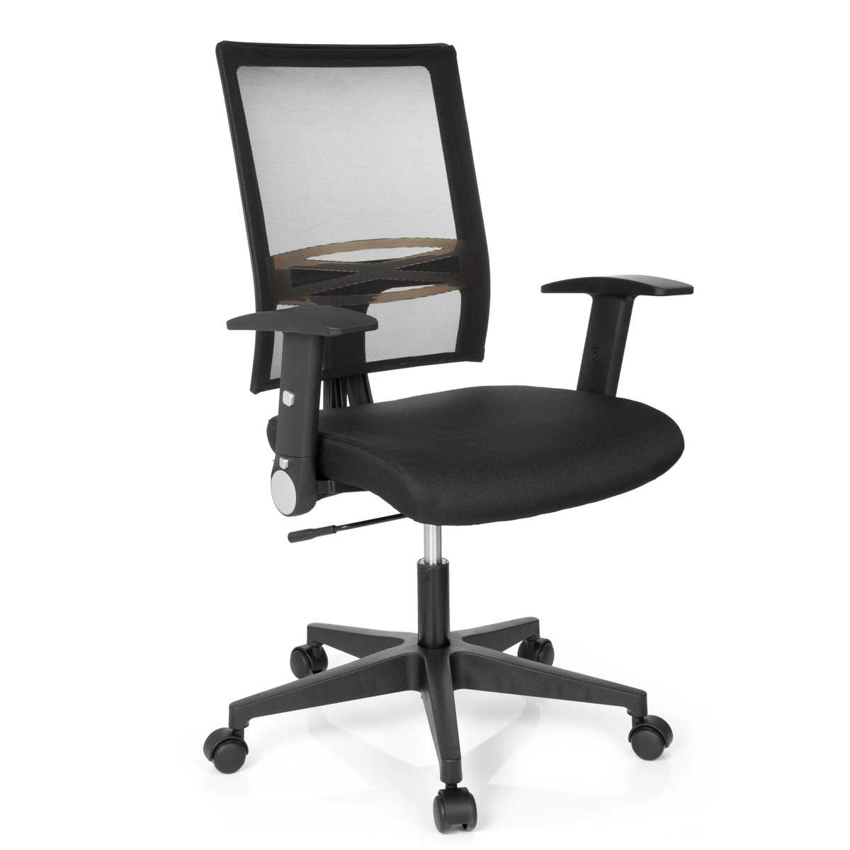 Black Home Office Chair OFFICE R8 with mesh back and five-caster base by hjh OFFICE – 360-degree view (front three-quarter view 40°)