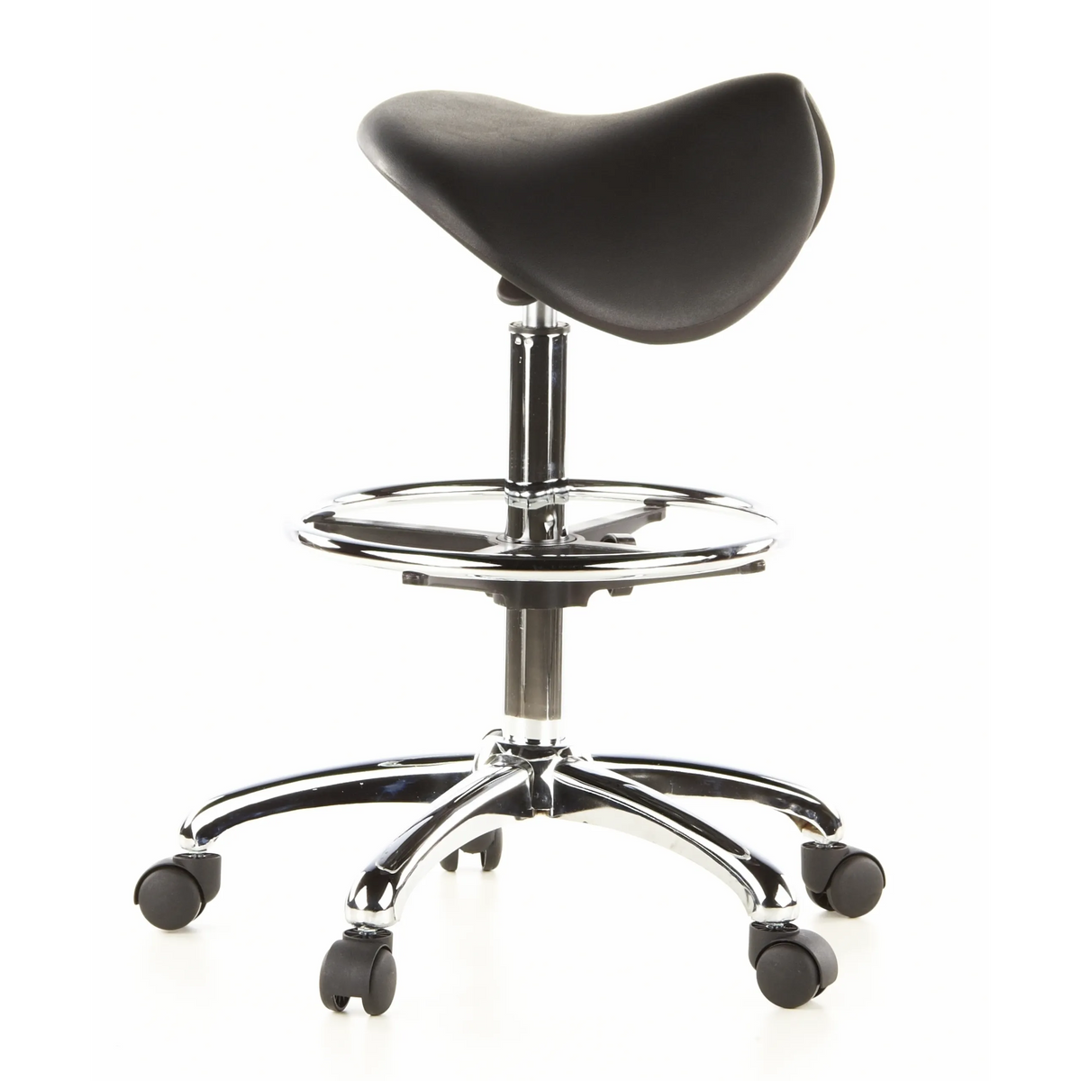 Black Saddle stool TOP WORK 13 with foot ring and five-caster base by hjh OFFICE – 360-degree view (side profile 80°)