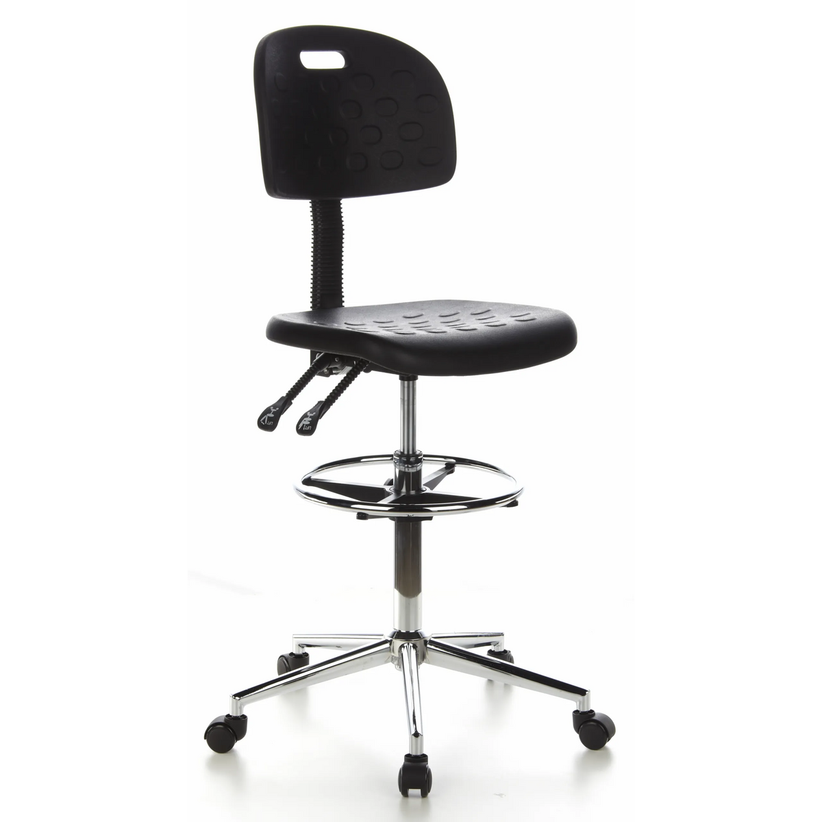 Black Counter chair TOP WORK 23 with foot ring and five-caster base by hjh OFFICE – 360-degree view (front three-quarter view 40°)