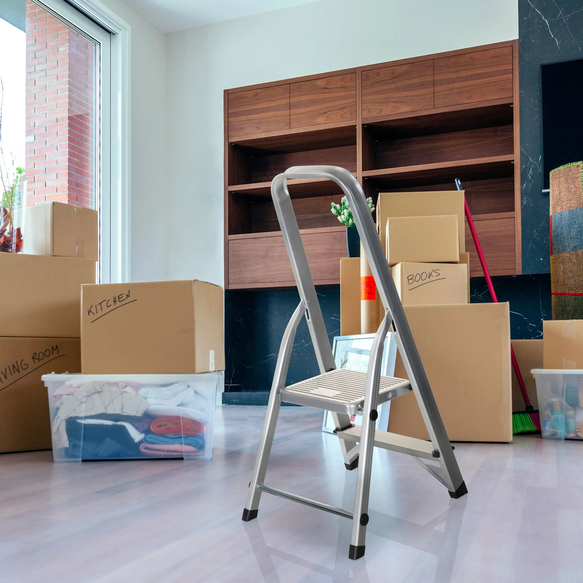 Two-step Folding Ladder SOLID I made of aluminium in a room with moving boxes by hjh OFFICE