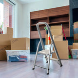 Two-step Folding Ladder SOLID I made of aluminium in a room with moving boxes by hjh OFFICE
