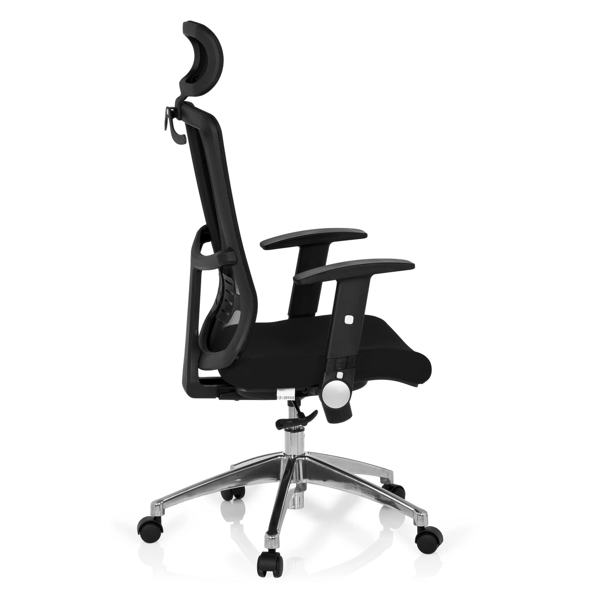 Black Professional Office Chair CAYEN with mesh back, headrest and five-caster base by hjh OFFICE – 360-degree view (side profile 100°)