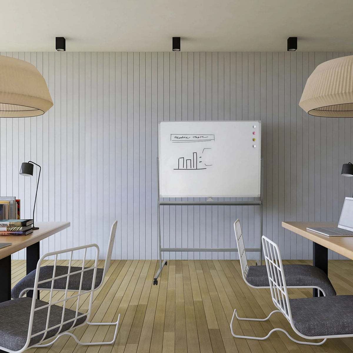 Whiteboard MULTIBOARD I in white and silver on a stand with castors in a modern office room by hjh OFFICE