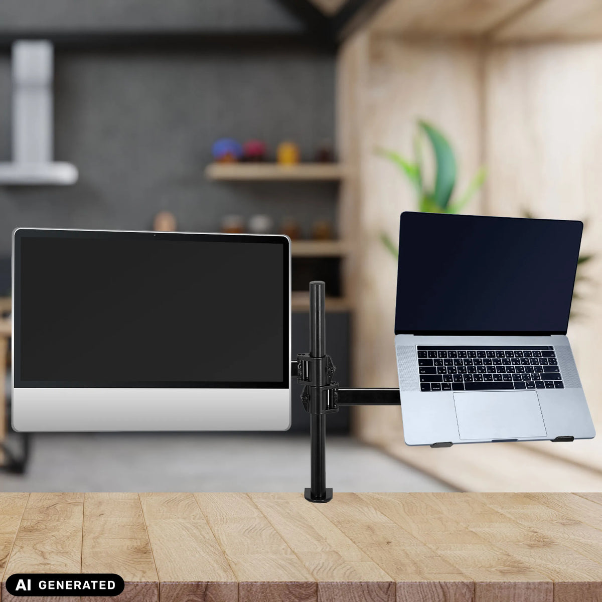 Black VM-MH2 monitor mount with a monitor and a laptop on a wooden table by hjh OFFICE (AI-generated image)