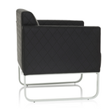 Black upholstered armchair ARUBA STEP with diamond stitching and silver-coloured frame by hjh OFFICE – 360-degree view (side profile 100°)