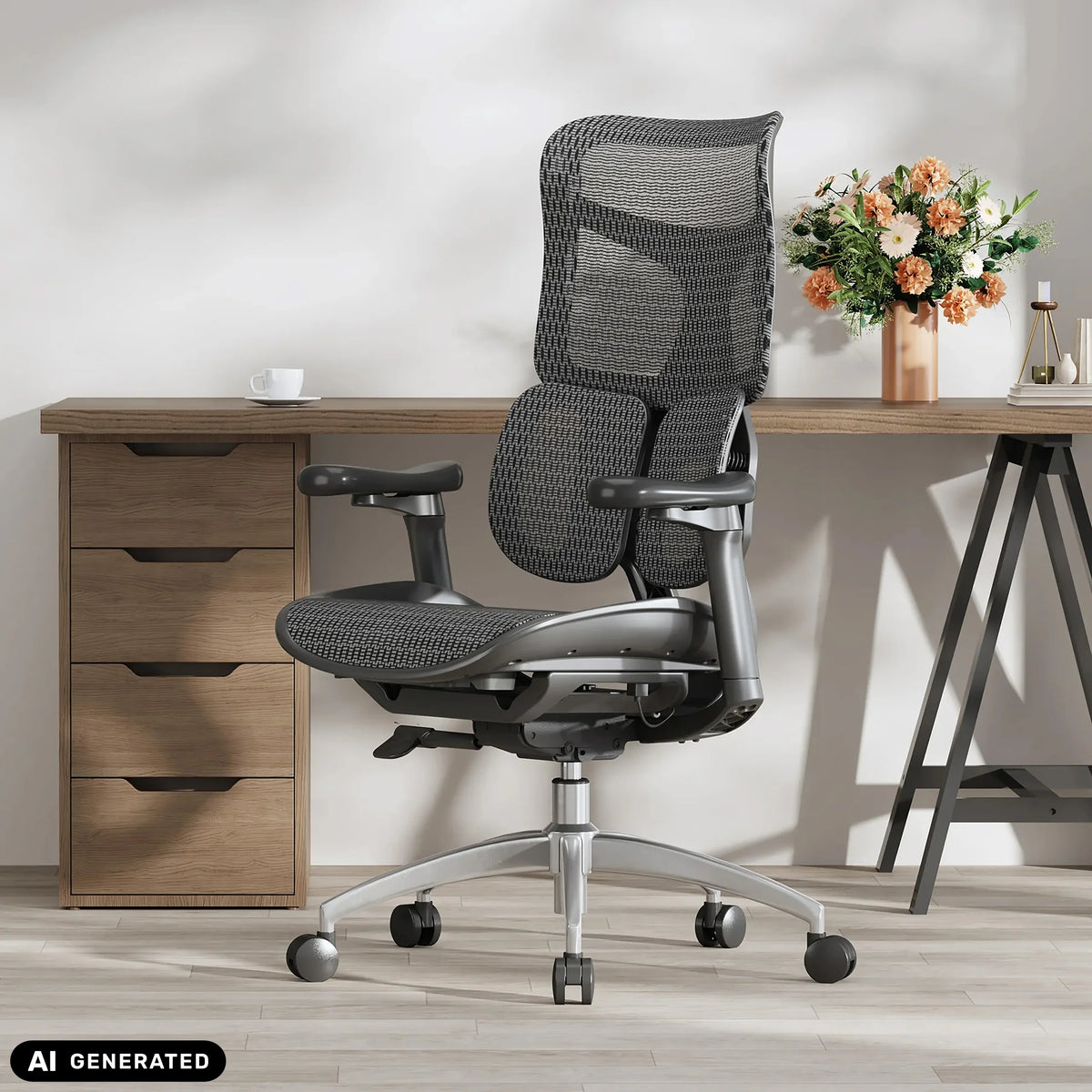 Professional Office Chair S100-M301 in black with mesh backrest and adjustable armrests by Sihoo (AI-generated image)