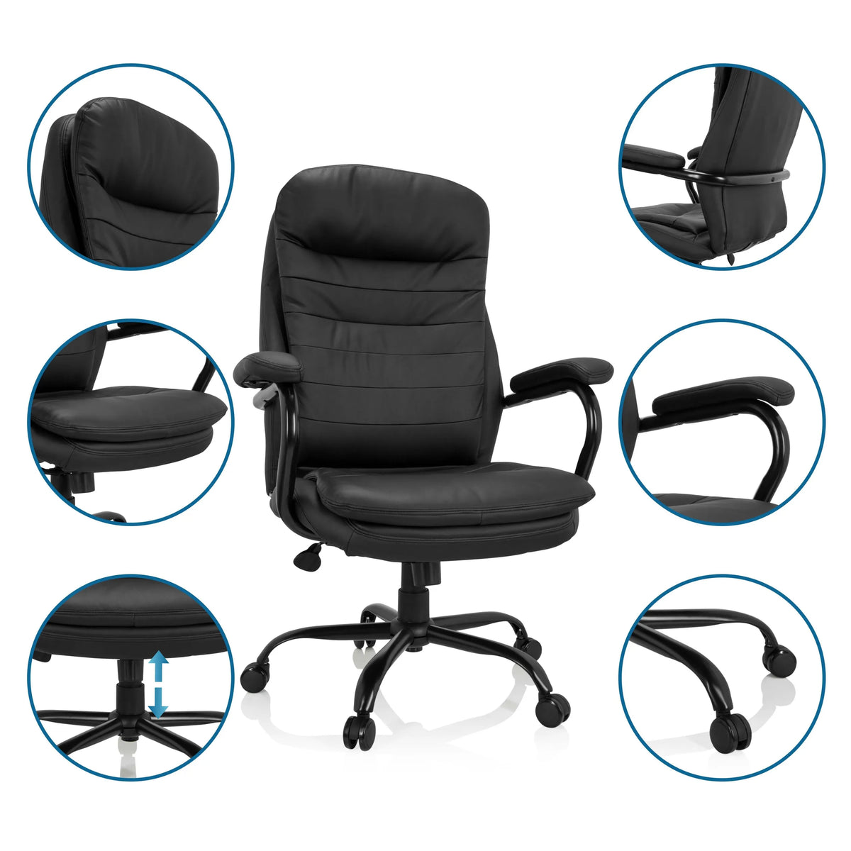 Black Swivel Chair RELAX XXL B made of faux leather with detailed views of the armrests and base by hjh OFFICE