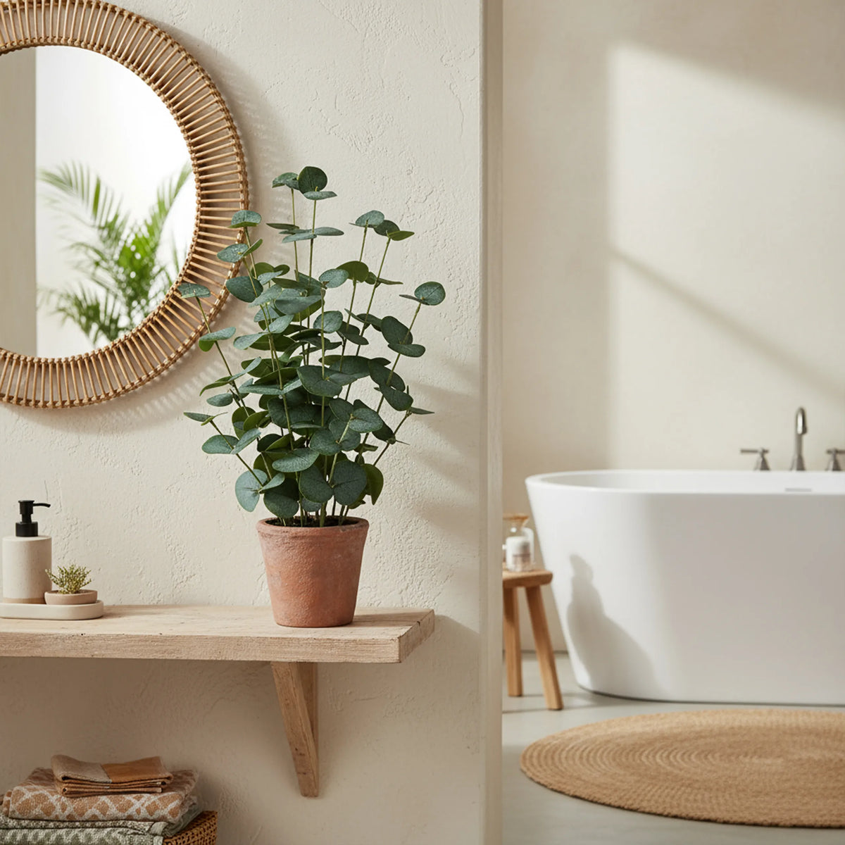 Green artificial plant Eucalyptus in a terracotta-coloured pot on a wooden shelf by hjh OFFICE