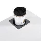 Integrated cup holder with thermal mug on the white tabletop of the STAND VM-SU I standing desk by hjh OFFICE