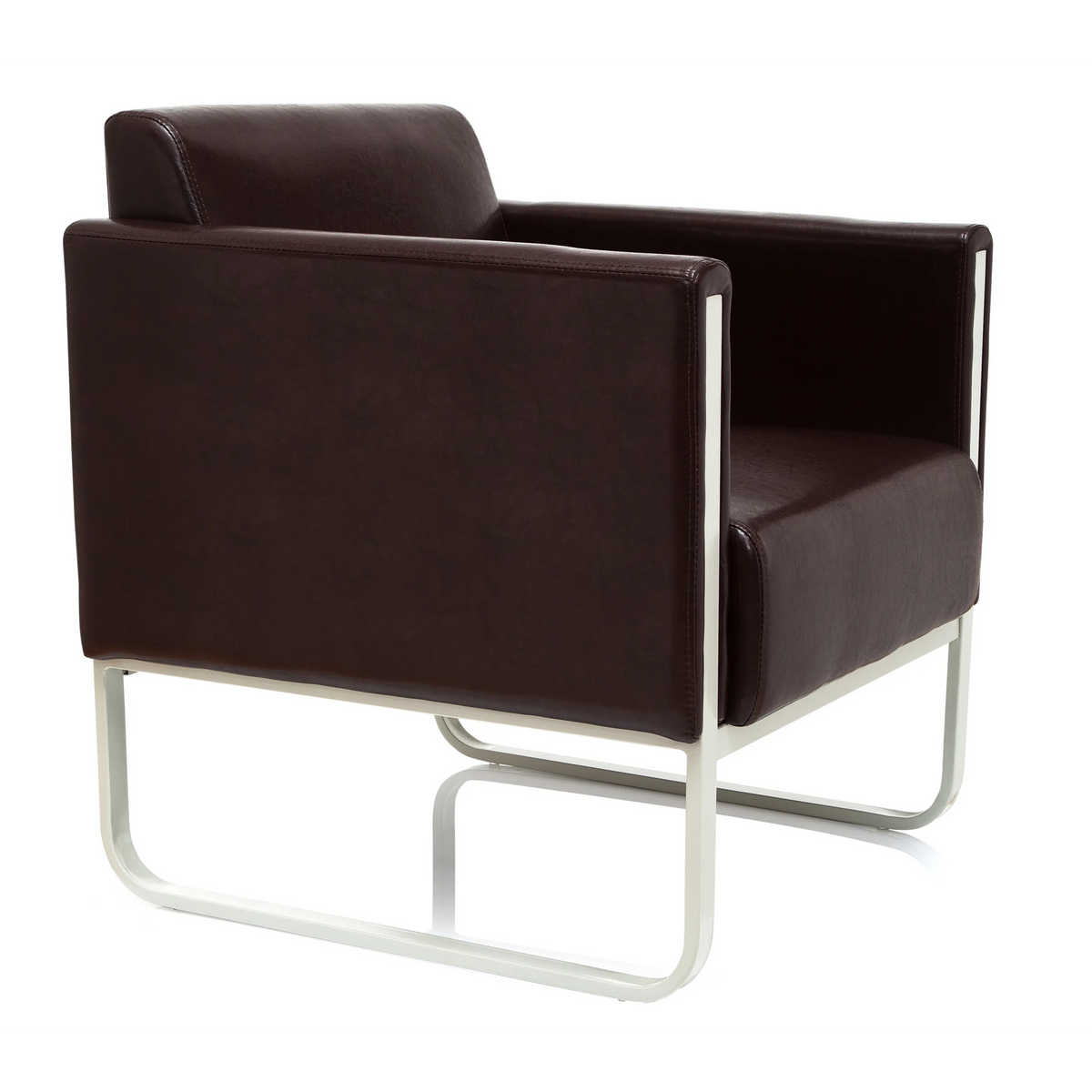 Brown upholstered armchair ARUBA with white metal frame by hjh OFFICE – 360-degree view (front three-quarter view 60°)