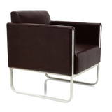 Brown upholstered armchair ARUBA with white metal frame by hjh OFFICE – 360-degree view (front three-quarter view 60°)