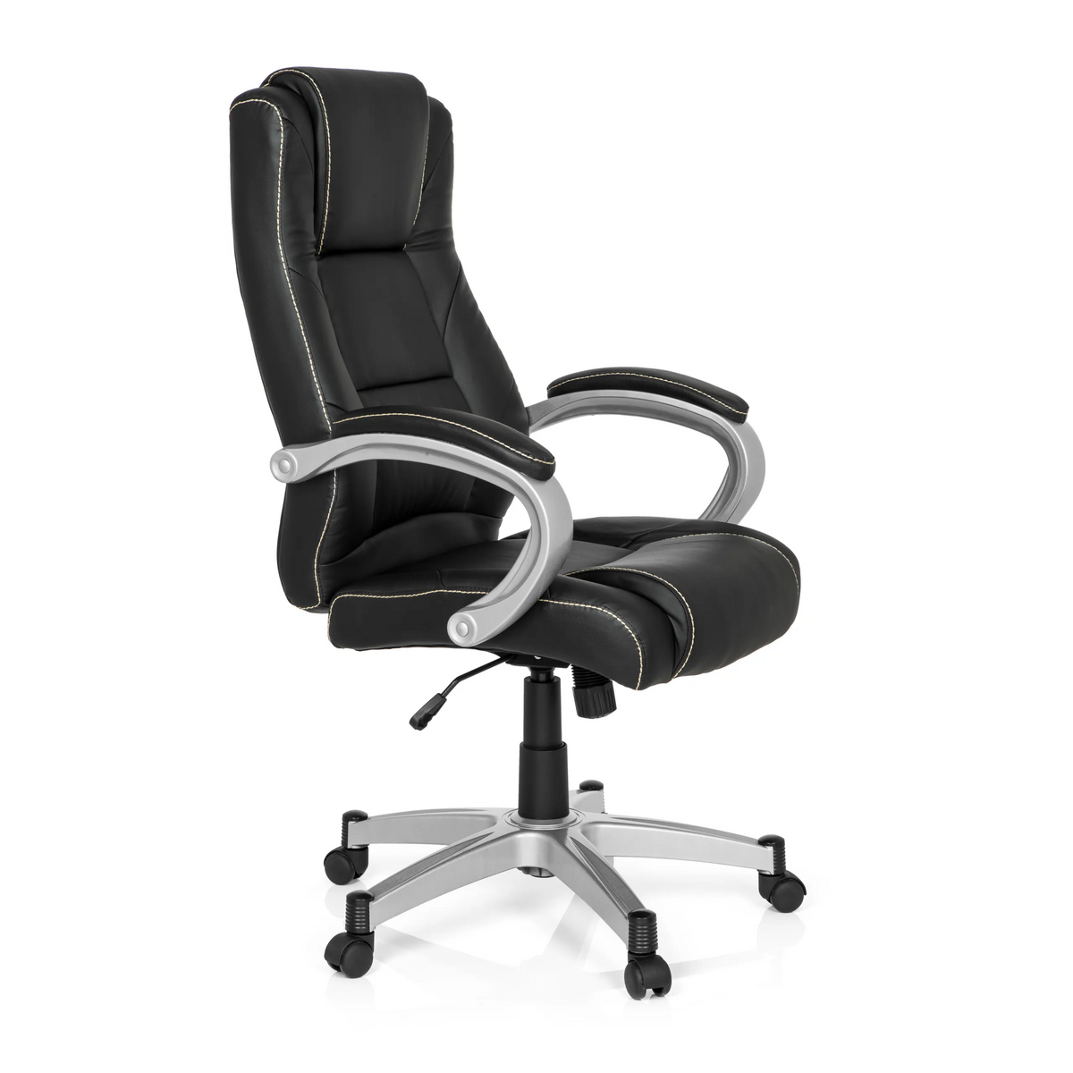 Black Gaming chair RELAX CL180 with padding and five-caster base by MyBuero – 360-degree view (front three-quarter view 60°)