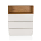 White chest of drawers MELMO K with three drawers and an open storage compartment in oak look by hjh LIVING – 360-degree view (front view 0°)