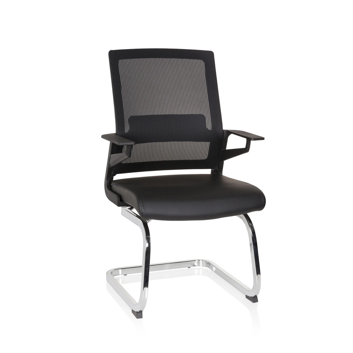 Black Cantilever chair INVENTOR V PRO with mesh back, armrests and sled base by hjh OFFICE – 360-degree view (front view 20°)