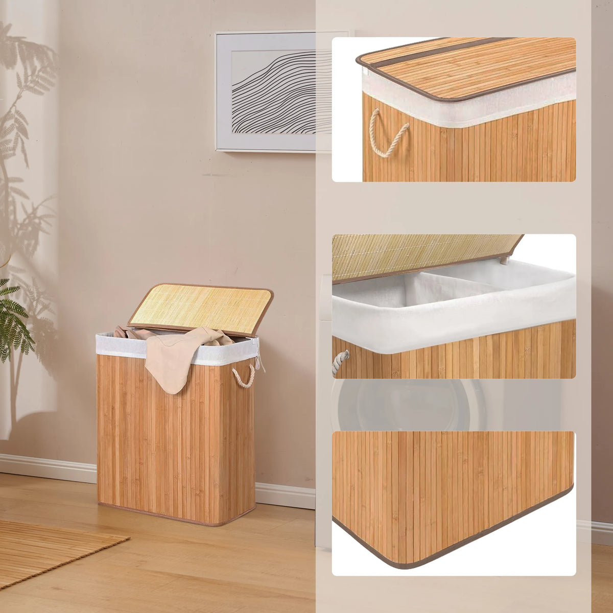 Bamboo laundry basket FALSTER XL B with lid, white inner bag and carrying handles by hjh LIVING