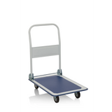 Blue and white Platform trolley CARRY with foldable handle and four castors by hjh OFFICE – 360-degree view (front three-quarter view 40°)