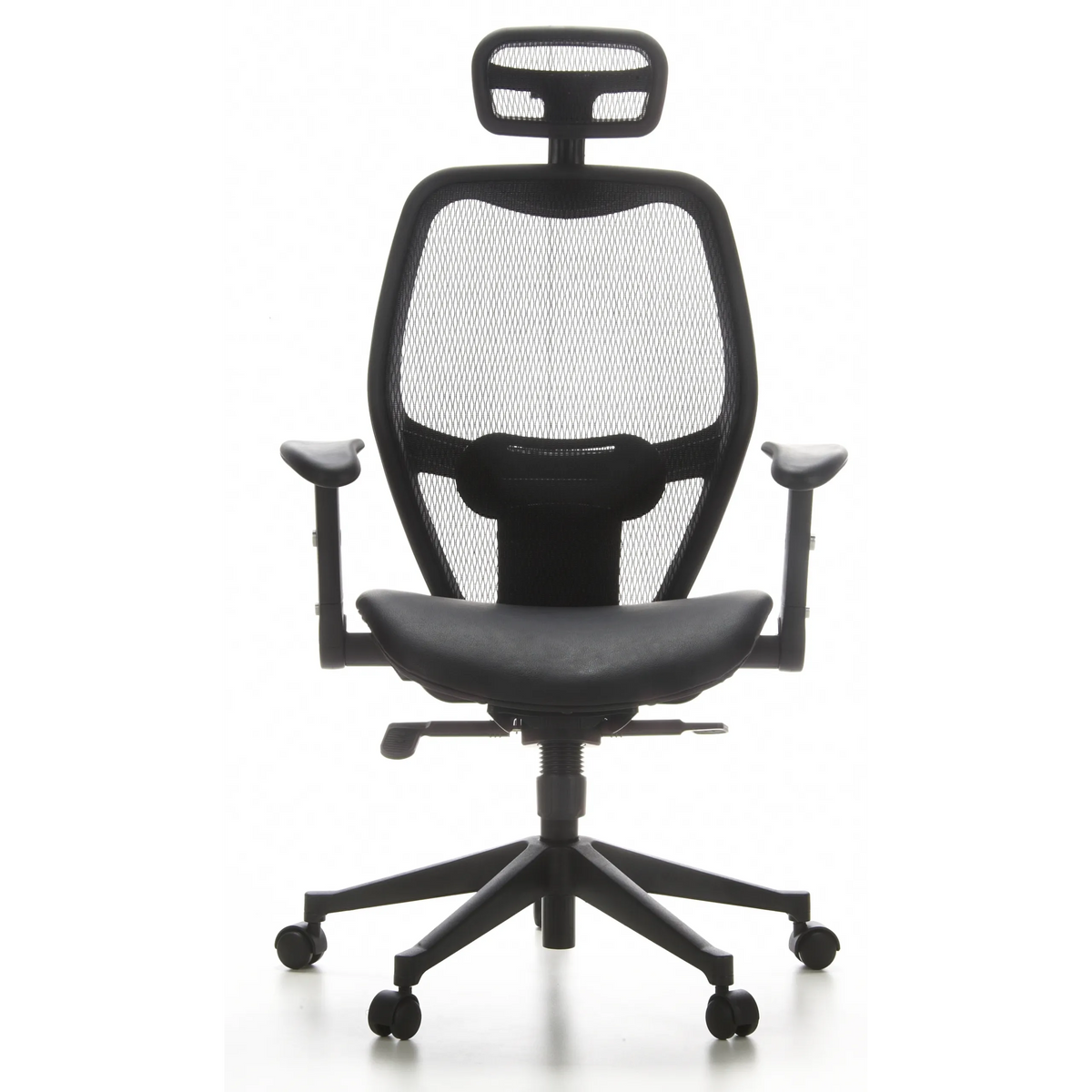 Black Professional Office ChAIR-PORT with mesh back, leather seat and five-caster base by hjh OFFICE – 360-degree view (front view 0°)