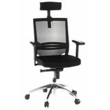 Black Professional Office Chair PORTO MAX with mesh back, headrest and five-caster base by hjh OFFICE – 360-degree view (front view 20°)